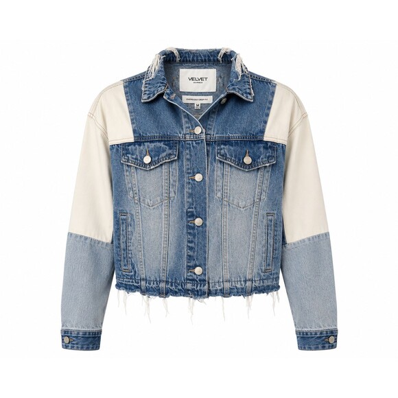Vervet Jackets & Blazers - Vervet Los Angeles Women's M Oversized Crop Colorblock Denim Jacket Frayed Hem